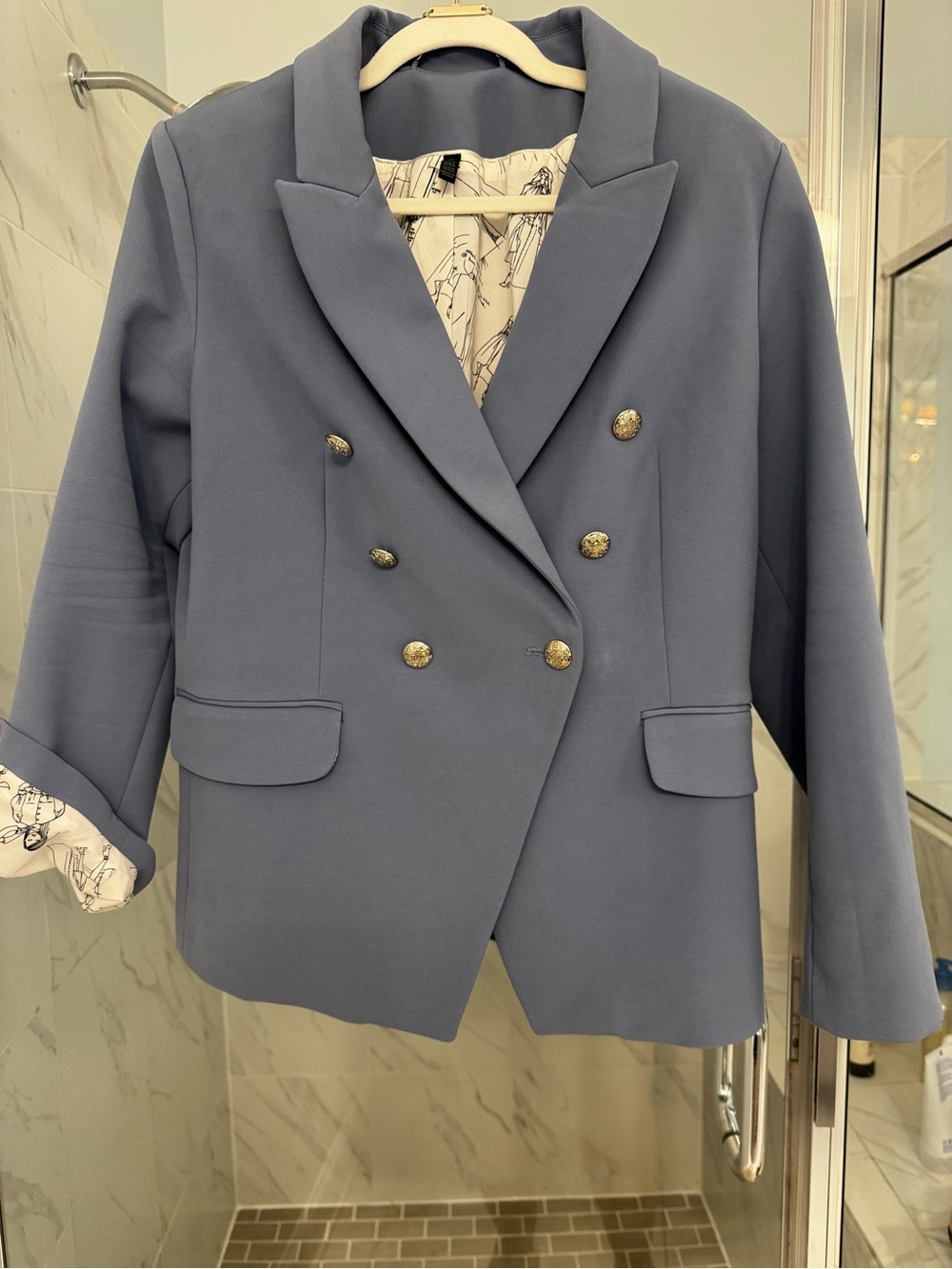 White House Black Market Double-Breasted Blazer in Slate Blue with Silver Button